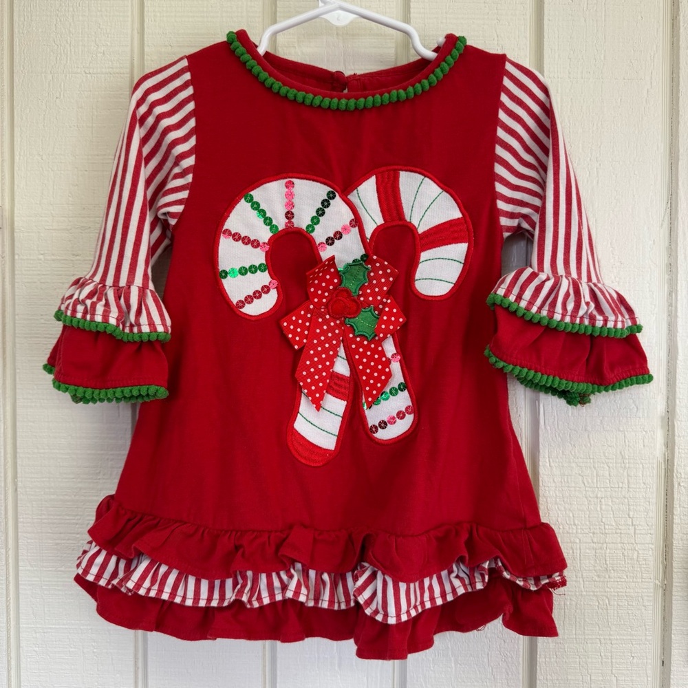 Red Embroidered Appliqué Candy Cane girls Christmas holiday dress stripes bows